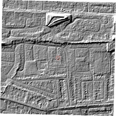 Shaded relief map of the ground around HU47SS, computed from Environment Agency LiDAR. The ground here sits at about 3 m above sea level and falls 6 m across the surrounding 800 m. The ground contributing surface water to this point lies to the south-south-west.