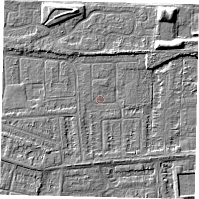 Shaded relief map of the ground around HU47SZ, computed from Environment Agency LiDAR. The ground here sits at about 2 m above sea level and falls 6 m across the surrounding 800 m. Surface water reaching this point runs off ground lying to the south, 2.1 m higher.