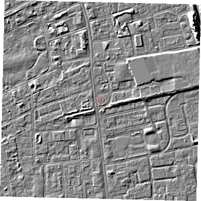 Shaded relief map of the ground around HU51AA, computed from Environment Agency LiDAR. The ground here sits at about 2 m above sea level and falls 10 m across the surrounding 800 m. Surface water reaching this point runs off ground lying to the east, 2.0 m higher.