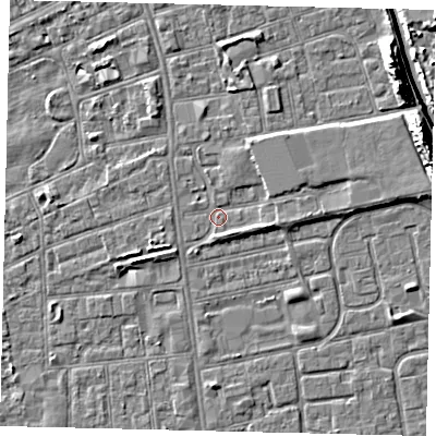 Shaded relief map of the ground around HU51AD, computed from Environment Agency LiDAR. The ground here sits at about 2 m above sea level and falls 11 m across the surrounding 800 m. Surface water reaching this point runs off ground lying to the east, 2.0 m higher.