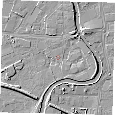 Shaded relief map of the ground around HU51AP, computed from Environment Agency LiDAR. The ground here sits at about 3 m above sea level and falls 7 m across the surrounding 800 m. Surface water reaching this point runs off ground lying to the east, 5.0 m higher.
