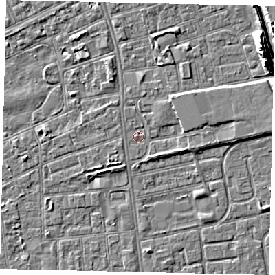 Shaded relief map of the ground around HU51AQ, computed from Environment Agency LiDAR. The ground here sits at about 3 m above sea level and falls 10 m across the surrounding 800 m. Surface water reaching this point runs off ground lying to the east, 2.0 m higher.