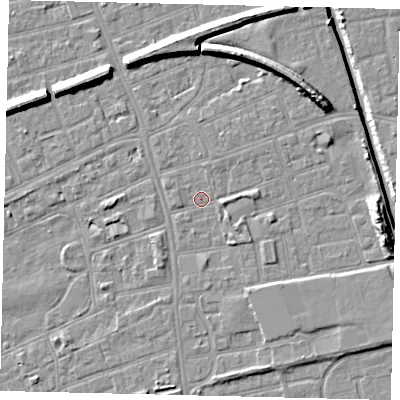 Shaded relief map of the ground around HU51AS, computed from Environment Agency LiDAR. The ground here sits at about 2 m above sea level and falls 10 m across the surrounding 800 m. Surface water reaching this point runs off ground lying to the east, 7.5 m higher.