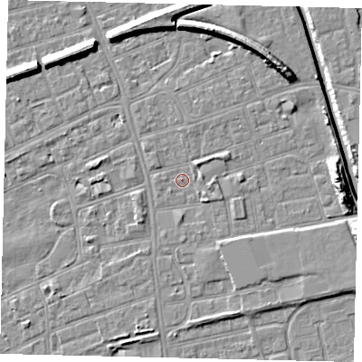 Shaded relief map of the ground around HU51AT, computed from Environment Agency LiDAR. The ground here sits at about 2 m above sea level and falls 10 m across the surrounding 800 m. Surface water reaching this point runs off ground lying to the east, 7.5 m higher.