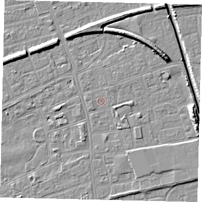 Shaded relief map of the ground around HU51AU, computed from Environment Agency LiDAR. The ground here sits at about 2 m above sea level and falls 10 m across the surrounding 800 m. Surface water reaching this point runs off ground lying to the south-east, 2.1 m higher.