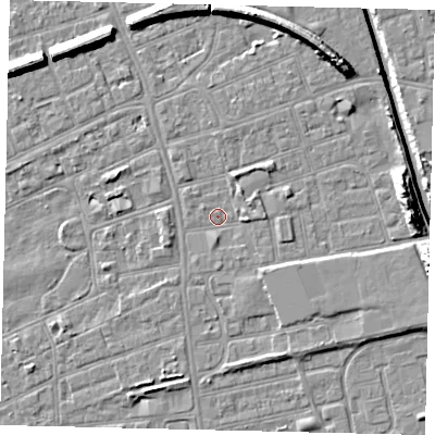 Shaded relief map of the ground around HU51AW, computed from Environment Agency LiDAR. The ground here sits at about 2 m above sea level and falls 10 m across the surrounding 800 m. Surface water reaching this point runs off ground lying to the east-south-east, 2.1 m higher.
