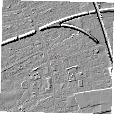 Shaded relief map of the ground around HU51AY, computed from Environment Agency LiDAR. The ground here sits at about 2 m above sea level and falls 10 m across the surrounding 800 m. Surface water reaching this point runs off ground lying to the east, 0.8 m higher.