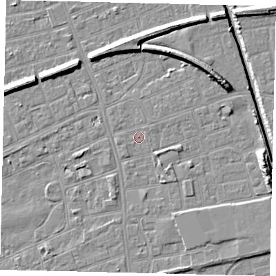 Shaded relief map of the ground around HU51AZ, computed from Environment Agency LiDAR. The ground here sits at about 2 m above sea level and falls 10 m across the surrounding 800 m. Surface water reaching this point runs off ground lying to the east-north-east, 0.8 m higher.