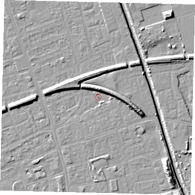 Shaded relief map of the ground around HU51BF, computed from Environment Agency LiDAR. The ground here sits at about 2 m above sea level and falls 10 m across the surrounding 800 m. Surface water reaching this point runs off ground lying to the north-north-east, 6.2 m higher.
