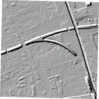 Shaded relief map of the ground around HU51BG, computed from Environment Agency LiDAR. The ground here sits at about 2 m above sea level and falls 10 m across the surrounding 800 m. Surface water reaching this point runs off ground lying to the east-north-east, 6.0 m higher.