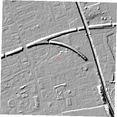 Shaded relief map of the ground around HU51BH, computed from Environment Agency LiDAR. The ground here sits at about 2 m above sea level and falls 11 m across the surrounding 800 m. Surface water reaching this point runs off ground lying to the east-north-east, 5.0 m higher.