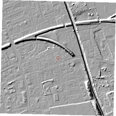 Shaded relief map of the ground around HU51BT, computed from Environment Agency LiDAR. The ground here sits at about 3 m above sea level and falls 11 m across the surrounding 800 m. Surface water reaching this point runs off ground lying to the east-north-east, 6.4 m higher.