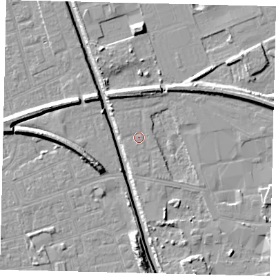 Shaded relief map of the ground around HU51DB, computed from Environment Agency LiDAR. The ground here sits at about 3 m above sea level and falls 10 m across the surrounding 800 m. Surface water reaching this point runs off ground lying to the north-north-west, 3.8 m higher.