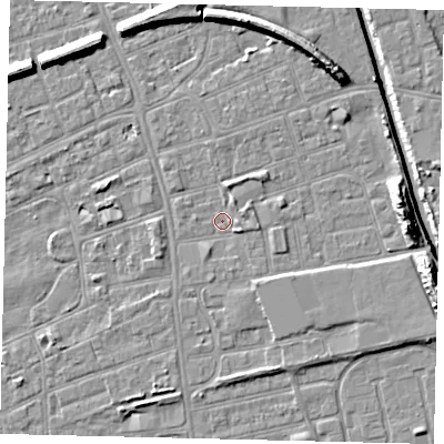 Shaded relief map of the ground around HU51EQ, computed from Environment Agency LiDAR. The ground here sits at about 2 m above sea level and falls 11 m across the surrounding 800 m. Surface water reaching this point runs off ground lying to the south-east, 2.1 m higher.