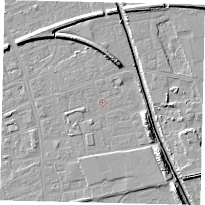Shaded relief map of the ground around HU51EY, computed from Environment Agency LiDAR. The ground here sits at about 2 m above sea level and falls 11 m across the surrounding 800 m. Surface water reaching this point runs off ground lying to the south-east, 8.4 m higher.
