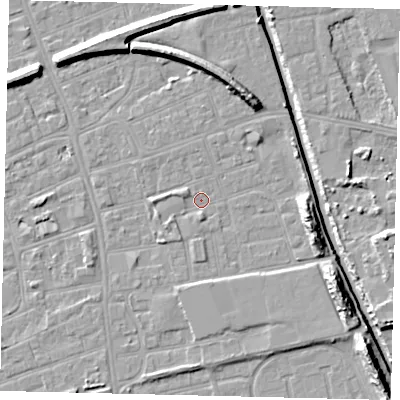 Shaded relief map of the ground around HU51HB, computed from Environment Agency LiDAR. The ground here sits at about 2 m above sea level and falls 11 m across the surrounding 800 m. Surface water reaching this point runs off ground lying to the east-south-east, 8.4 m higher.