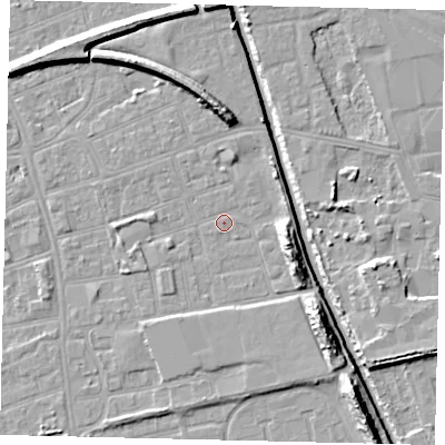 Shaded relief map of the ground around HU51HH, computed from Environment Agency LiDAR. The ground here sits at about 2 m above sea level and falls 11 m across the surrounding 800 m. Surface water reaching this point runs off ground lying to the south-east, 8.4 m higher.