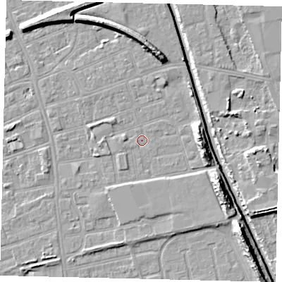 Shaded relief map of the ground around HU51HS, computed from Environment Agency LiDAR. The ground here sits at about 2 m above sea level and falls 11 m across the surrounding 800 m. Surface water reaching this point runs off ground lying to the east-south-east, 8.4 m higher.