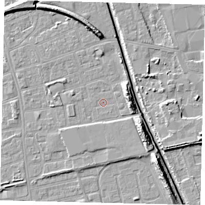 Shaded relief map of the ground around HU51HT, computed from Environment Agency LiDAR. The ground here sits at about 2 m above sea level and falls 11 m across the surrounding 800 m. Surface water reaching this point runs off ground lying to the south-east, 8.1 m higher.