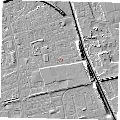 Shaded relief map of the ground around HU51HU, computed from Environment Agency LiDAR. The ground here sits at about 2 m above sea level and falls 11 m across the surrounding 800 m. Surface water reaching this point runs off ground lying to the east-south-east, 8.1 m higher.