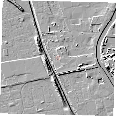 Shaded relief map of the ground around HU51HX, computed from Environment Agency LiDAR. The ground here sits at about 4 m above sea level and falls 14 m across the surrounding 800 m. Surface water reaching this point runs off ground lying to the east, 1.6 m higher.