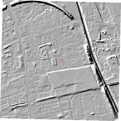 Shaded relief map of the ground around HU51JA, computed from Environment Agency LiDAR. The ground here sits at about 2 m above sea level and falls 11 m across the surrounding 800 m. Surface water reaching this point runs off ground lying to the south-south-west, 1.7 m higher.