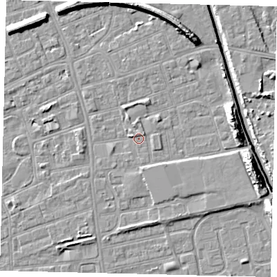 Shaded relief map of the ground around HU51JF, computed from Environment Agency LiDAR. The ground here sits at about 2 m above sea level and falls 11 m across the surrounding 800 m. Surface water reaching this point runs off ground lying to the south, 0.6 m higher.