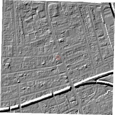 Shaded relief map of the ground around HU51LA, computed from Environment Agency LiDAR. The ground here sits at about 2 m above sea level and falls 9 m across the surrounding 800 m. Surface water reaching this point runs off ground lying to the north, 0.5 m higher.