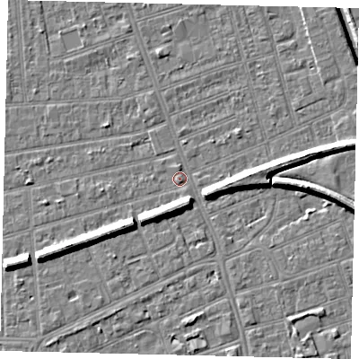 Shaded relief map of the ground around HU51LD, computed from Environment Agency LiDAR. The ground here sits at about 2 m above sea level and falls 8 m across the surrounding 800 m. Surface water reaching this point runs off ground lying to the north, 1.0 m higher.