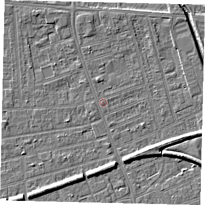 Shaded relief map of the ground around HU51LP, computed from Environment Agency LiDAR. The ground here sits at about 2 m above sea level and falls 9 m across the surrounding 800 m. The ground contributing surface water to this point lies to the north-north-west.