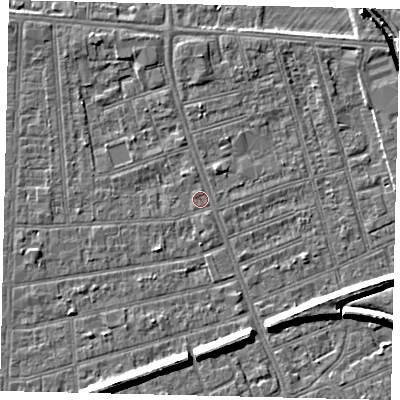Shaded relief map of the ground around HU51LR, computed from Environment Agency LiDAR. The ground here sits at about 2 m above sea level and falls 9 m across the surrounding 800 m. Surface water reaching this point runs off ground lying to the north, 0.9 m higher.