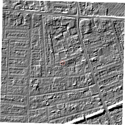 Shaded relief map of the ground around HU51LT, computed from Environment Agency LiDAR. The ground here sits at about 2 m above sea level and falls 6 m across the surrounding 800 m. Surface water reaching this point runs off ground lying to the north, 2.2 m higher.