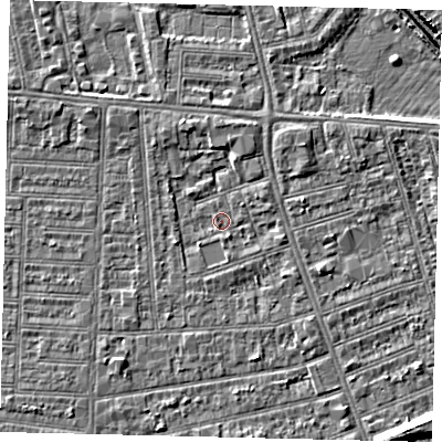 Shaded relief map of the ground around HU51LZ, computed from Environment Agency LiDAR. The ground here sits at about 2 m above sea level and falls 8 m across the surrounding 800 m. Surface water reaching this point runs off ground lying to the north-north-west, 2.2 m higher.