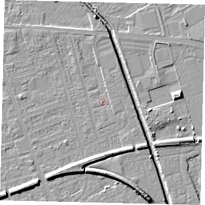 Shaded relief map of the ground around HU51NW, computed from Environment Agency LiDAR. The ground here sits at about 2 m above sea level and falls 9 m across the surrounding 800 m. Surface water reaching this point runs off ground lying to the north-north-east, 1.2 m higher.