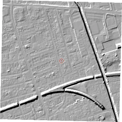 Shaded relief map of the ground around HU51PE, computed from Environment Agency LiDAR. The ground here sits at about 2 m above sea level and falls 9 m across the surrounding 800 m. Surface water reaching this point runs off ground lying to the north-north-east, 1.7 m higher.