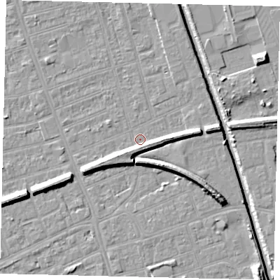 Shaded relief map of the ground around HU51PF, computed from Environment Agency LiDAR. The ground here sits at about 2 m above sea level and falls 10 m across the surrounding 800 m. Surface water reaching this point runs off ground lying to the east-south-east, 5.4 m higher.