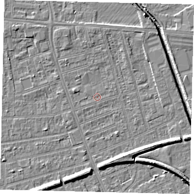 Shaded relief map of the ground around HU51PN, computed from Environment Agency LiDAR. The ground here sits at about 2 m above sea level and falls 9 m across the surrounding 800 m. Surface water reaching this point runs off ground lying to the east-north-east, 0.5 m higher.