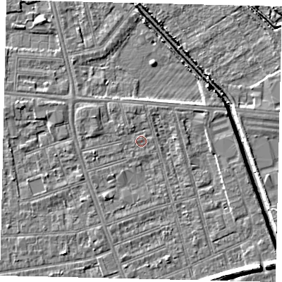 Shaded relief map of the ground around HU51PY, computed from Environment Agency LiDAR. The ground here sits at about 2 m above sea level and falls 8 m across the surrounding 800 m. Surface water reaching this point runs off ground lying to the north-north-east, 1.0 m higher.