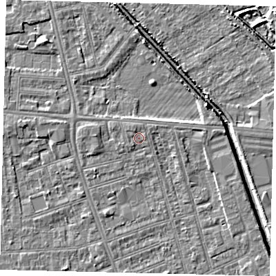 Shaded relief map of the ground around HU51PZ, computed from Environment Agency LiDAR. The ground here sits at about 3 m above sea level and falls 6 m across the surrounding 800 m. Surface water reaching this point runs off ground lying to the north-north-west, 0.9 m higher.