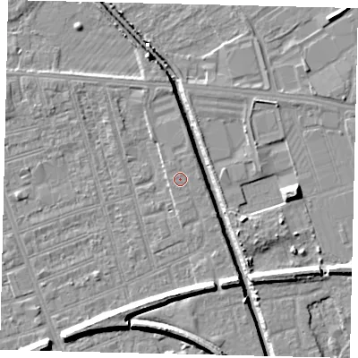 Shaded relief map of the ground around HU51QE, computed from Environment Agency LiDAR. The ground here sits at about 3 m above sea level and falls 9 m across the surrounding 800 m. The ground contributing surface water to this point lies to the north-north-east.