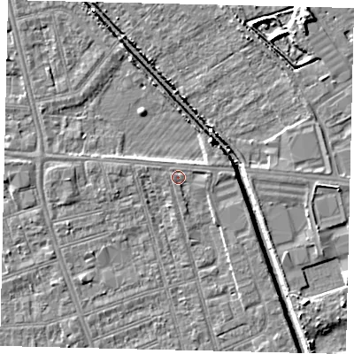 Shaded relief map of the ground around HU51QJ, computed from Environment Agency LiDAR. The ground here sits at about 3 m above sea level and falls 7 m across the surrounding 800 m. Surface water reaching this point runs off ground lying to the east-north-east, 0.8 m higher.
