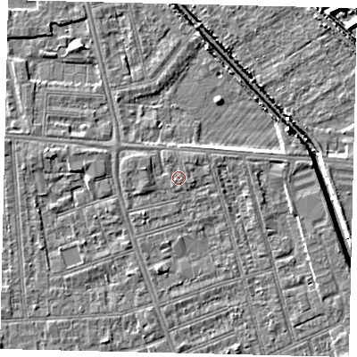 Shaded relief map of the ground around HU51QP, computed from Environment Agency LiDAR. The ground here sits at about 3 m above sea level and falls 6 m across the surrounding 800 m. Surface water reaching this point runs off ground lying to the north, 0.5 m higher.