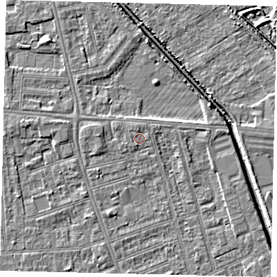 Shaded relief map of the ground around HU51QR, computed from Environment Agency LiDAR. The ground here sits at about 3 m above sea level and falls 6 m across the surrounding 800 m. Surface water reaching this point runs off ground lying to the north, 0.8 m higher.