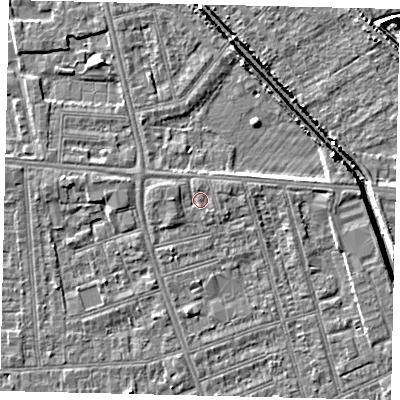 Shaded relief map of the ground around HU51QT, computed from Environment Agency LiDAR. The ground here sits at about 3 m above sea level and falls 6 m across the surrounding 800 m. Surface water reaching this point runs off ground lying to the east-north-east, 1.1 m higher.