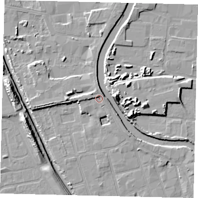 Shaded relief map of the ground around HU51RH, computed from Environment Agency LiDAR. The ground here sits at about 4 m above sea level and falls 14 m across the surrounding 800 m. Surface water reaching this point runs off ground lying to the north-west, 3.0 m higher.