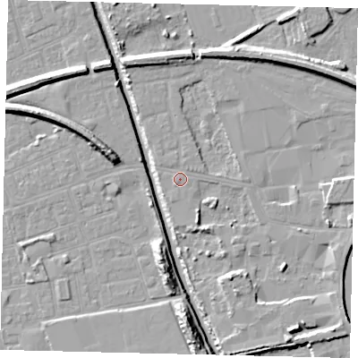Shaded relief map of the ground around HU51RZ, computed from Environment Agency LiDAR. The ground here sits at about 3 m above sea level and falls 11 m across the surrounding 800 m. Surface water reaching this point runs off ground lying to the north-north-west, 3.8 m higher.