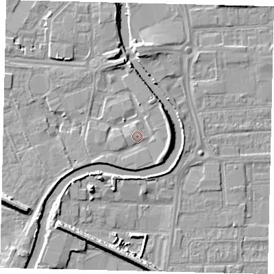 Shaded relief map of the ground around HU51SG, computed from Environment Agency LiDAR. The ground here sits at about 4 m above sea level and falls 7 m across the surrounding 800 m. Surface water reaching this point runs off ground lying to the east, 3.7 m higher.