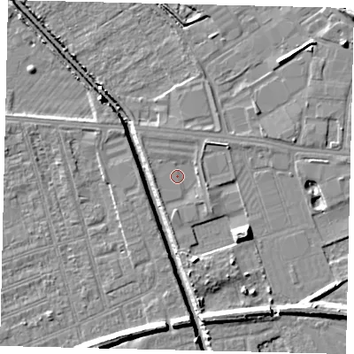 Shaded relief map of the ground around HU51SP, computed from Environment Agency LiDAR. The ground here sits at about 3 m above sea level and falls 8 m across the surrounding 800 m. Surface water reaching this point runs off ground lying to the west, 1.5 m higher.