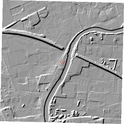 Shaded relief map of the ground around HU51SY, computed from Environment Agency LiDAR. The ground here sits at about 4 m above sea level and falls 9 m across the surrounding 800 m. Surface water reaching this point runs off ground lying to the east-north-east, 1.2 m higher.