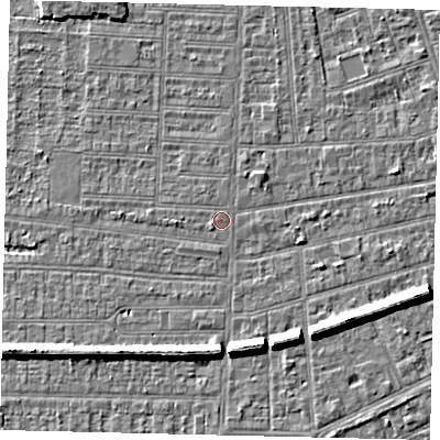 Shaded relief map of the ground around HU52AA, computed from Environment Agency LiDAR. The ground here sits at about 2 m above sea level and falls 7 m across the surrounding 800 m. Surface water reaching this point runs off ground lying to the south-east, 6.4 m higher.